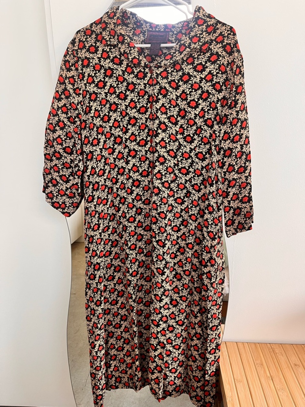 April Cornell Black Dress with Red and Cream Floral Print
